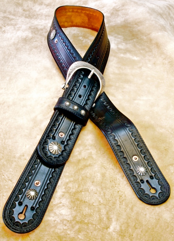 Leather Guitar strap Hand tooled, Handmade, Fine workmanship Black Vintage OUTLAW Cowboy Rockstar handmade for YOU in USA by Freddie Matara