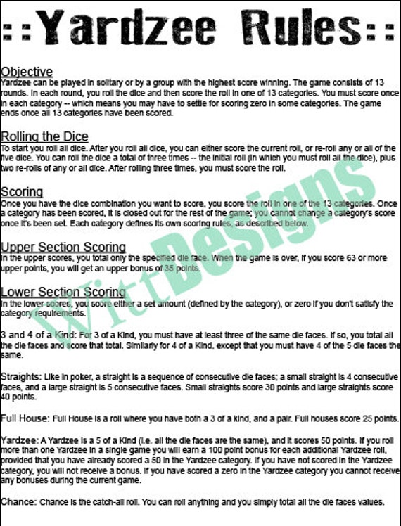 Download PDF 11x17 Yardzee rules print your own instant download