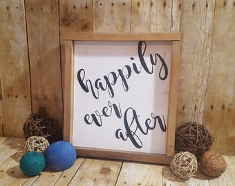 happily ever after, framed sign, hand painted sign, wood sign, reclaimed wood sign, wedding sign