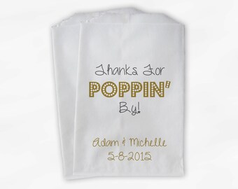Thanks For Poppin By Popcorn Bags - Gray and Gold Custom Candy Buffet Favor Bags for Wedding, Birthday, Shower - Paper Treat Bags (0113)