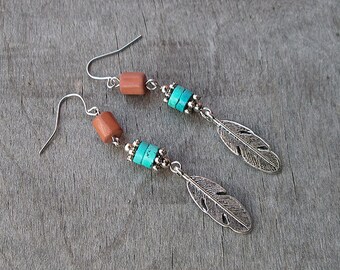 Boho earrings Southwestern earrings Feather earrings Turquoise earrings Boho jewelry Bohemian jewelry