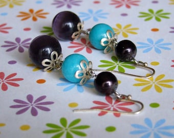 SALE - Cara Earrings - Bronze Flower Caps with Turquoise Teal Dark Purple Pearl Marbled Cats Eye Beads - Bella Mia Beads - READY to SHIP