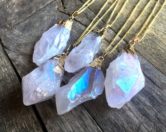 Raw crystal necklace Healing crystal necklace Angel Aura Quartz Necklace Opal crystal necklace Rainbow quartz point Unicorn crystal gold