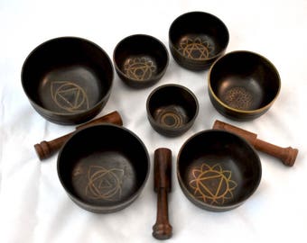 Black Singing Bowl, Chakra Set, hand-crafted in Nepal. Black, Kundalini, Cobra. Mahakali