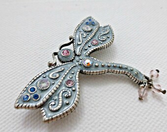 Vintage Pastel Enamel and Colored Rhinestone Dragonfly Brooch