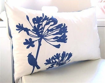 SALE Cobalt Blue Print on White Cotton Cardinal on Agapanthus Rectangle Pillow
