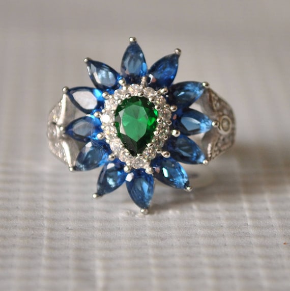 Sterling Silver Emerald Sapphire Ring Sz 7 #9855