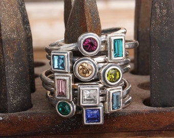 Mother's Birthstone Rings, Silver Stacking Rings, Family Ring, Personalized Sterling Silver Rings with Birthstones. Custom Jewelry for Mom.