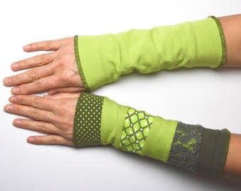 Mittens spring Arm Warmers Wrist Warmers double sided cotton flowered green