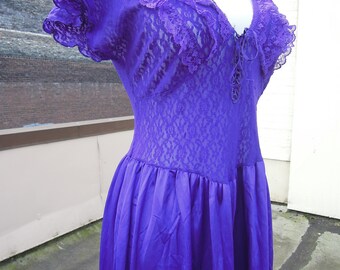 Vtg Indigo Purple Silky Nylon Lacey Slip Nightgown Dress Size Small Medium Large 1980's 90's