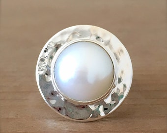 Pearl and Sterling Silver Ring, Pearl and Silver Ring, Pearl Ring, Mermaid Ring, Adjustable Ring, Gypsy Ring, Pearl Jewelry, Round Ring