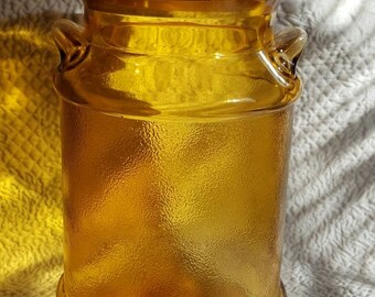 Large L.E.Smith 9" Amber Glass Canister in Milk Can Pattern