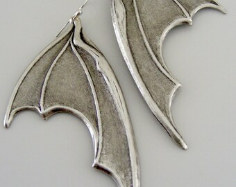 Silver Earrings - Bat Earrings - Dragon Wing Earrings - Statement Earrings - Goth Earrings - handmade jewelry