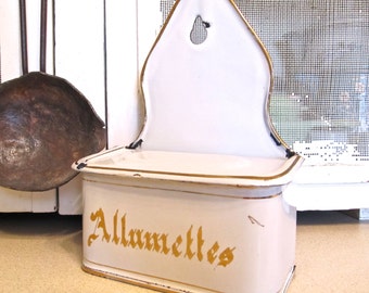 French Enamelware White & Gold Allumettes Match Holder Box