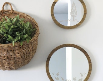 Round wooden mirror // Flowers Cross stitch pattern // Acrylic home decor mirror // Minimalistic vintage style // Natural wood wall mirror