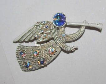 Vintage 1960's Trumpeting Angel Christmas Pin Brooch with White & Gold Painted finish and AB Rhinesstones