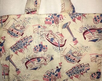Vintage table cloth made into a bag 15 by 10 italian street scapes