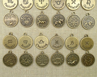 12 Zodiac Charms Double Sided Charms Horoscope Charms Astrology Charms Celestial Charms Antique Bronze Charms #1016
