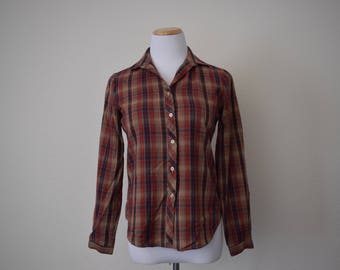 FREE usa SHIPPING vintage women's acrylic button up shirt plaid retro hipster grunge size 8