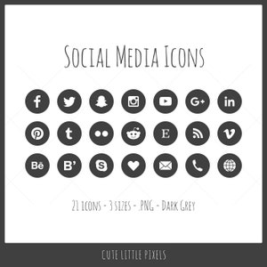 Social Media Icons - 21 icons in 3 sizes, PNG files, dark grey, flat style
