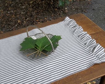Ruffled Table Runner Tabletop Runner Ticking or Linen French Country Farmhouse Linens Custom Sizes