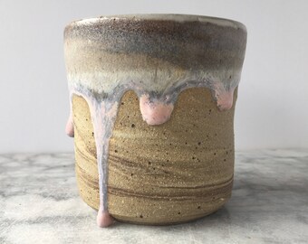 Simple cup, marbled tea cup yunomi tumbler, wabi sabi stoneware drinking vessel pink blush glaze drips