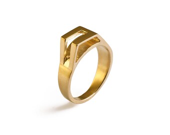 Gold signet ring, gold statement ring, geometric gold ring, gold modern ring, minimalist gold ring, designer ring, art ring, fashion ring