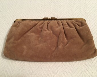 Vintage 1980s Brown Suede Clutch with Goldtone Closure