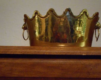 Solid brass planter with lion's heads and rings; brass planters, planters, vintage brass items, lion heads, vintage planters, lions