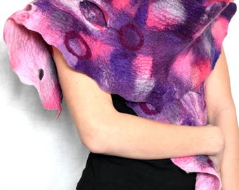 Felted Scarf, Ruffled Wavy, Skinny Long, Purple Pink, Merino Wool Felt Scarf With Holes