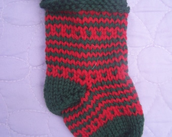 Red green mini stocking, Handknit stocking ornament, Mini stocking decoration, Stocking gift bag, Striped stocking, Handknit tree decoration