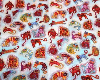 Laurel Burch Rare Oop FABULOUS FELINES Tossed Metallic Cats Fabric - BTHY