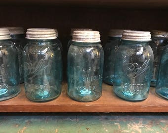 Vintage Blue Mason Jars with Zinc Lids