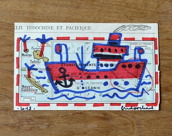 Ship in Tahiti / original drawing on map