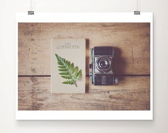 vintage camera photograph travel book photograph travel photography green fern leaf photograph rustic decor cotswolds photograph