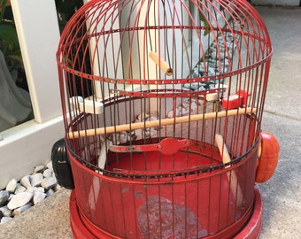 Antique Red Bird Cage with Porcelain Feeders