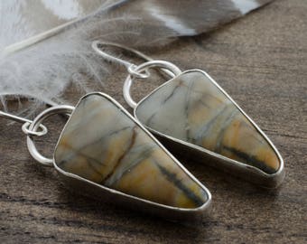 Gemstone Earrings. Picasso Marble Sterling Silver Earrings. Picasso Marble Earrings. Cabochon Silver Jewelry. Triangle Earrings
