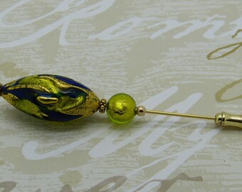 Brooch pin cobalt blue and peridot green Murano glass