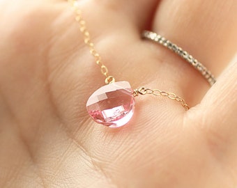 Tiny Gold Crystal Necklace - Swarovski Crystal Light Rose Pink Briolette - 14k Gold Filled Necklace - Bridesmaid Gift October Birthstone