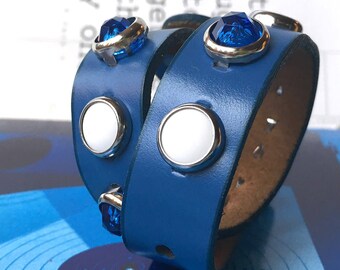 Blue Leather Dog Collar with Polka Dots and Sparkles, Size Small Dog to fit a 10-13 Neck, Recycled Belt Collar, Seattle Handmade in USA