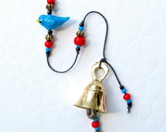 SALE! Beaded Windchime. Garden Chime. Bluebird Beads. Lampwork Glass Beads. Turquoise Blue. Red. Gold. Black. Retro. Birdwatcher. Brass Bell