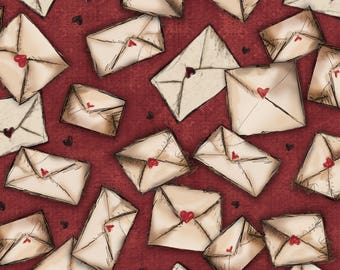 Letters from the Heart by Santoro for Quilting Treasures - Full or Half Yard Envelopes on Cranberry
