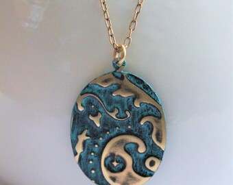 Vintaj Jewelry, Vintaj Necklace, Black Turquoise Necklace, Handpainted Jewelry, Boho Jewelry, Patina Necklace, Oval Necklace, Brass Jewelry