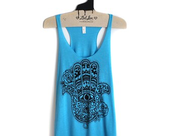 Small -Tri-Blend Blue Racerback Tank with Hamsa Screen Print