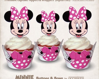 INSTANT DOWNLOAD, Printable Minnie Mouse Cupcake Toppers & Wrappers, Digital File, Minnie's Bowtique, Buttons and Bows, Pink