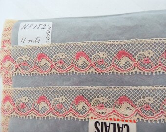 Fine ecru cotton French Valenciennes lace / pink 5 meters Old cotton VINTAGE lace