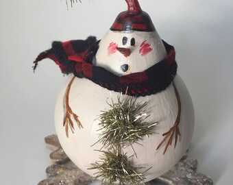 Snowman Gourd on Snowflake Holiday Decorations Christmas Ornament Folk Art Snowman Primitive Snowman