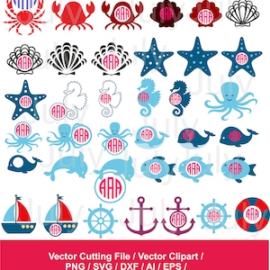 Sea Animal Monogram svg, Sea Animal Clipart, Sea svg files, Ocean Clipart, Ocean Svg, Nautical svg, dxf, png, eps, ai, Nautical Clipart