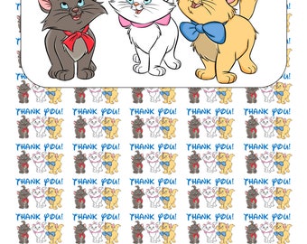 50 Aristocats Thank You Envelope Seals / Labels / Stickers, 1" by 1.5"