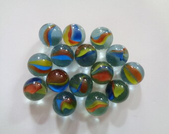 Clear & Colorful Blue Yellow Orange Colors Vintage Glass or Marble Ball Balls Shooter Marbles Toy Puzzle Games Lot 15 Piece 2 BONUS 17 Total